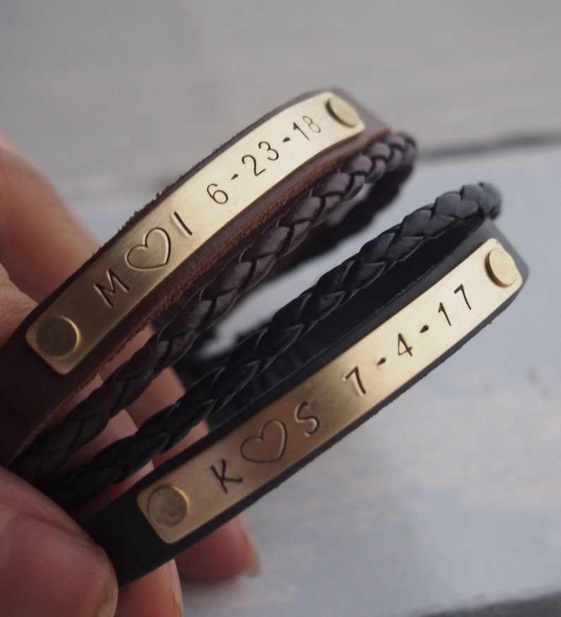 Customized Couples Bracelets Leather bracelets engraved Personalized bracelets gold Couples gift metal Anniversary bracelet boyfriend