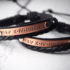 Pulseras de pareja personalizadas, juego de pulseras de pareja, pulsera de cuero, números romanos, regalos de aniversario para novio, pulseras de pareja de cuero