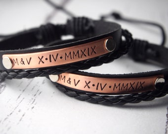 Custom couple bracelets, Couple bracelet set, leather bracelet, roman numerals, anniversary gifts for boyfriend, couples bracelets leather