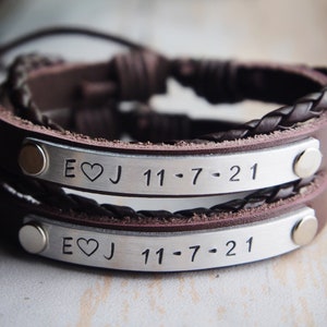 Conjunto de pulseras de pareja, Pulseras de pareja personalizadas, Cuero real, Pulseras iniciales de parejas, cuero trenzado, regalo para él, regalo para ella