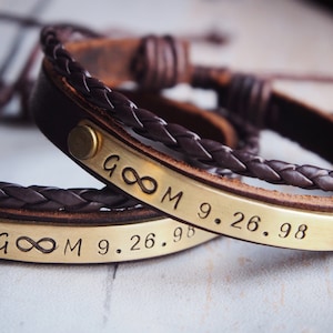 Infinity Love Couples Pulseras, Pulseras de pareja de cuero, Fecha de aniversario, fecha de boda, Regalo para parejas, hechas a mano, Pulseras personalizadas
