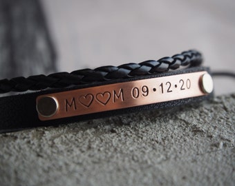 Pulsera de pareja personalizada regalos de aniversario de novio, Pulsera de aniversario, pulsera de cuero ajustable, corazón a corazón, pulsera personalizada