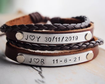 Pulseras iniciales para parejas, pulseras de pareja de cuero, pulsera de cuero para hombres, pulsera de cuero de aniversario, joyería para parejas, regalos de cople, pareja