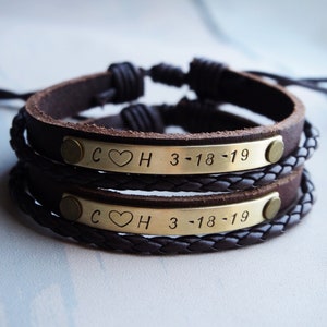 Personalized couple bracelets, Couple bracelet set, leather bracelet, couples bracelet, anniversary gifts for boyfriend, couples bracelets Brown Leather+Gold