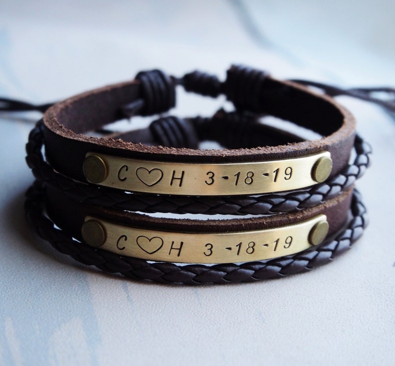 Personalized couple bracelets, Couple bracelet set, leather bracelet, couples bracelet, anniversary gifts for boyfriend, couples bracelets Brown Leather+Gold