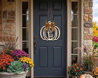 Pumpkin Door Hanger- Fall Pumpkin Sign- Monogram Pumpkin Sign