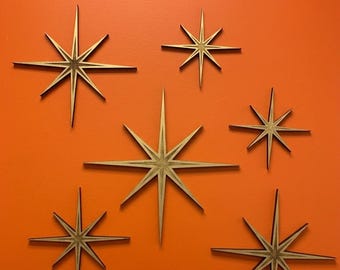 Mid Century Starburst Wooden Wall Sign - Set of 6