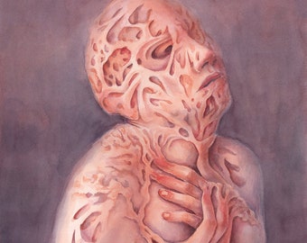 May include: Watercolor painting of a figure with a textured, veined appearance. The skin is a pale pink with areas of deeper red, and the figure is holding their chest. The background is a muted purple.