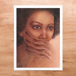 May include: Watercolor portrait of a person with brown skin and curly dark hair. The person's face is partially obscured by layered, translucent forms. The artwork is set against a soft pink background, with the subject looking off to the side.