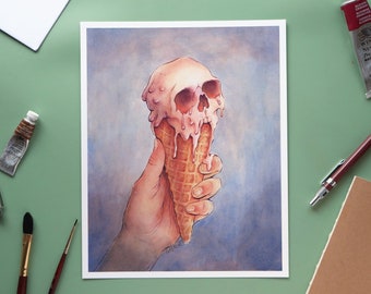 Skull Ice Cream // 8x10" Giclee Art Print // Watercolor // Food illustration