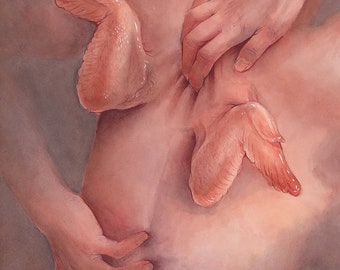 May include: Watercolor painting of a person's back with two chicken wings attached. Hands are gently touching the wings. The artwork has a soft, fleshy color palette with a gray background.