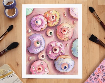 Creepy Eyeball Doughnuts // 8x10" Giclee Art Print // Ink and Watercolor