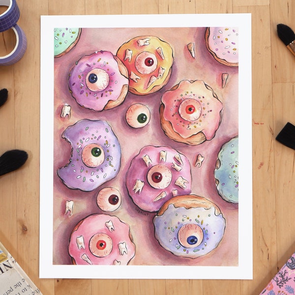 Creepy Eyeball Doughnuts , 20x10" Giclee Kunstdruck , Tinte und Aquarell