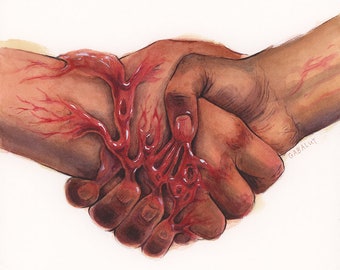 Handshake // Original Artwork // Watercolor and gouache // 8x8" // Body Horror Illustration