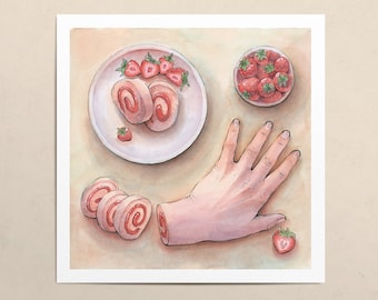 Strawberry Swiss Roll // Giclee Art Print // Ink and Watercolor