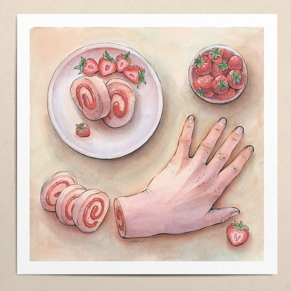 Strawberry Swiss Roll // Giclee Art Print // Ink and Watercolor