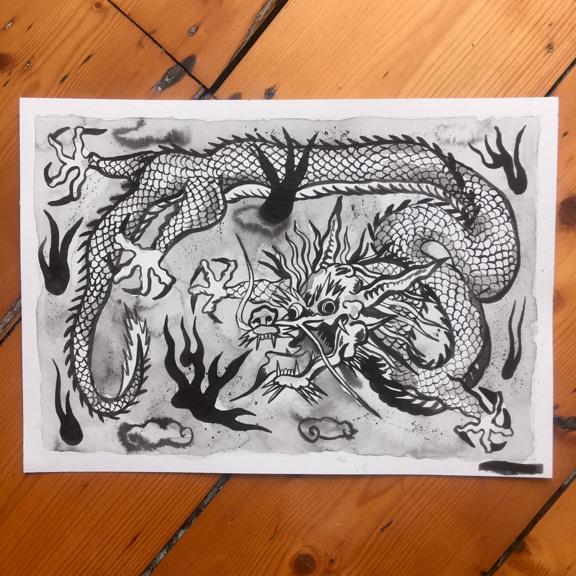 Hand painted sumi ink dragon illustration on 300gsm hot Etsy