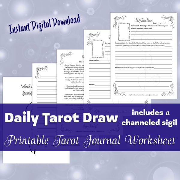 Tarot Journal Printable Daily Draw Worksheet with Sigil, Tarot planner page for tarot workbook, Grimoire pages, Tarot spread reading guide