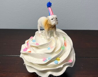 Bulldog Cupcake Topper | Mini Dog Cake Topper | Bulldog Wearing Party Hat Cupcake Topper | Dog Birthday Barkday Pawty Decor