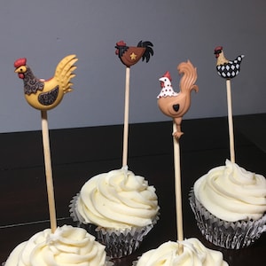 Roosters Cupcake Toppers | Chicken Birthday Party Picks | Unique Rooster Gift Cupcake Toppers | Food Picks | Rooster Birthday Decor Theme