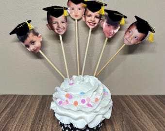 Graduation Cap Photo Cupcake Toppers, Personalized Photo Customized Graduate Cupcake Toppers Face 3D Graduation Hat Party Dessert