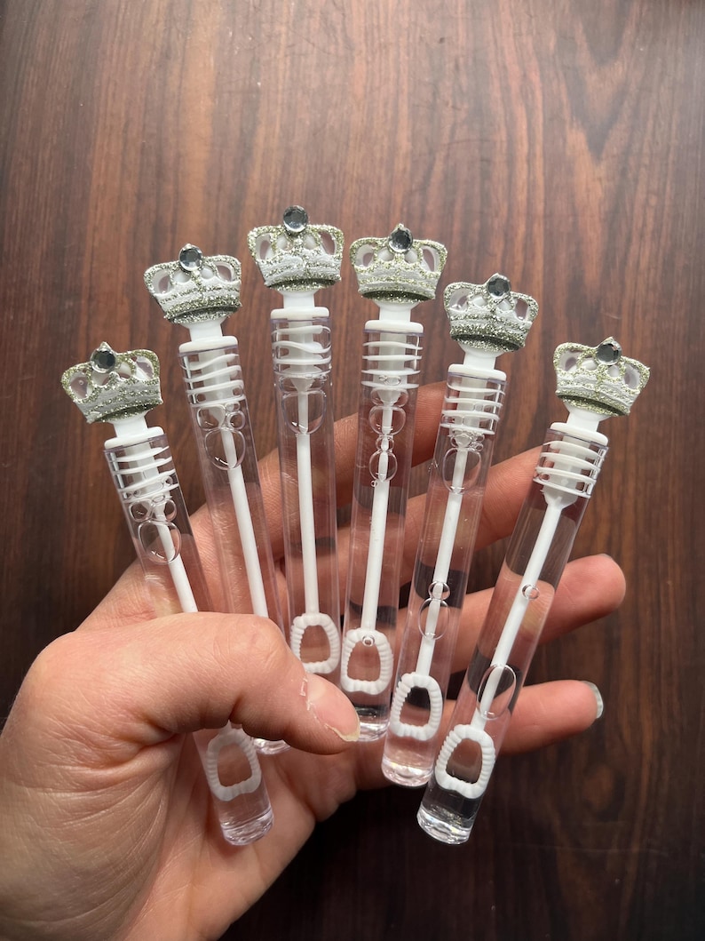 Silver Princess Royal Prince Crown Bubble Favor Wand Tube Sparkly Crowns Party Supplies, Our Little Prince Princess Goodie Loot Bag Stuffer SilverFoamRhinestone