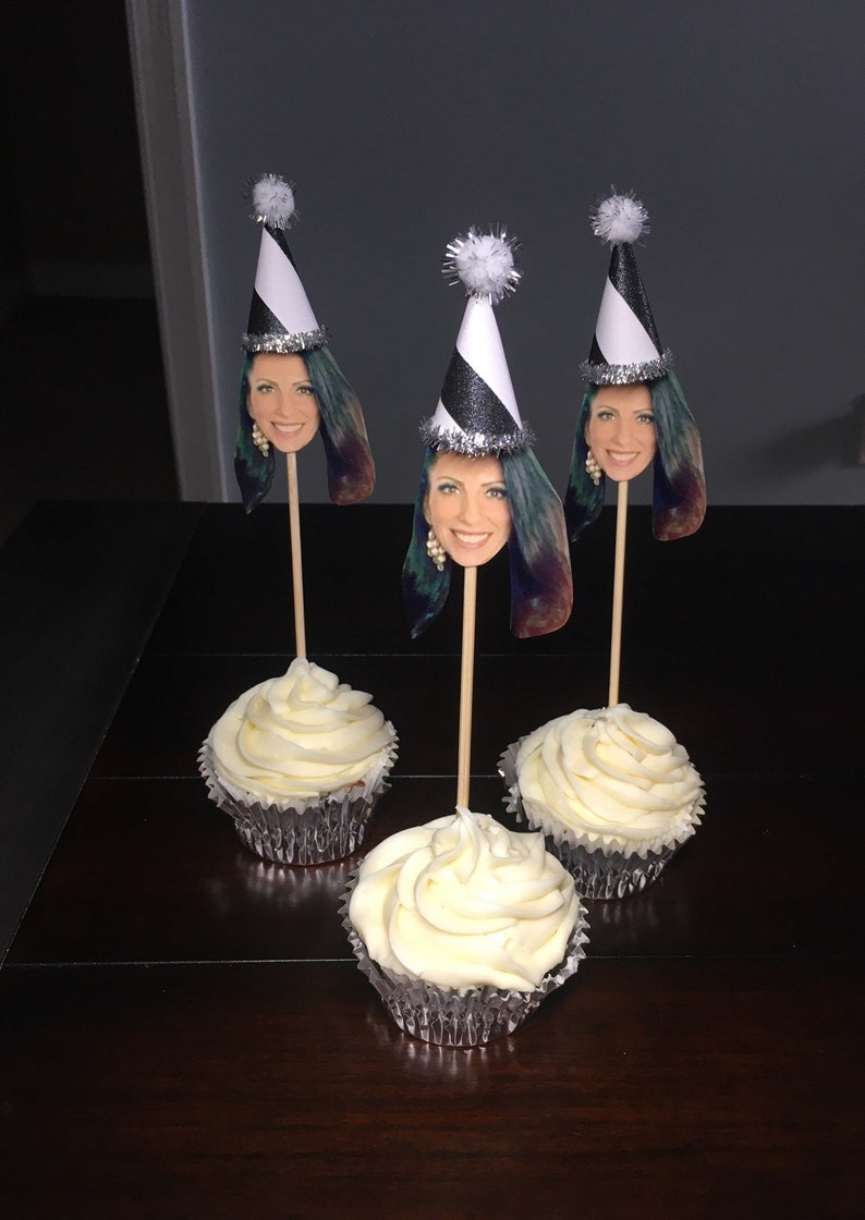 Photo Cupcake Toppers Personalized Face with 3D Black Party Hat Cupcake Decorations 30th Birthday for Him 20th 40th 50th 60th-6order
