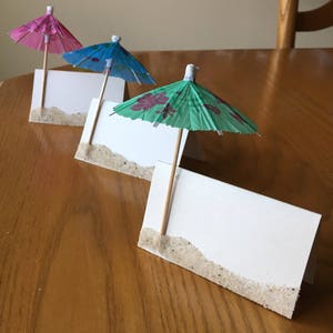 Umbrella Placecards, Cocktail umbrellas in the sand place cards, Beach Wedding, bridal shower, food labels tents Summer wedding-10 per order