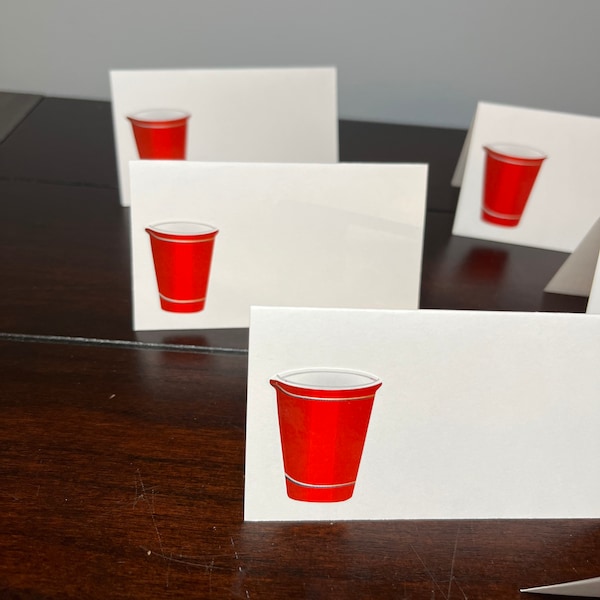 Red Solo Cup Place cards, Flip Cup food labels tents, backyard bbq party placecards, Beer Pong, College Frat Party theme decor