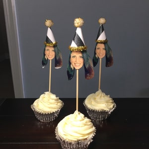 Photo Cupcake Toppers Personalized Face with 3D Black Party Hat Cupcake Decorations 30th Birthday for Him 20th 40th 50th 60th 70th milestone
