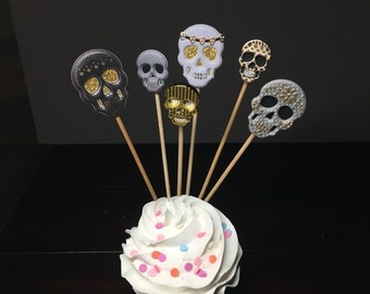 Shiny Sparkly Skull Cupcake Toppers, Skulls Party Theme Decor, Skulls Picks, Skull Appetizer Skewers, Pretty Sparkly Skull Cupcake Skeleton