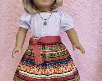 NOUVELLES impressions ! La jupe / le camisa / les bottes Southwest conviennent à une fille américaine et à une poupée de 18 po.
