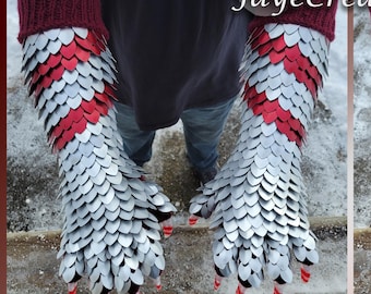 Candy Cane Design - Silvers and Red Large Half Wrap on Dark Red Gauntlets - Dragon Scale Costume Glove Sleeves-Scalemail - JayeCreations