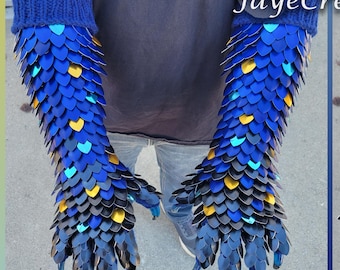 Starry Black to Blues with Gold Speckles Large Half Wrap on Navy Gauntlets - Dragon Scale Costume Glove Sleeves-Scalemail - JayeCreations