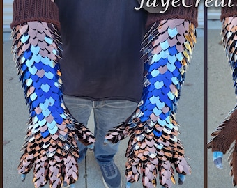 Copper, Mirror, and Blue Gradient - Large Half Wrap on Dark Chocolate Gauntlets - Dragonscale Costume Sleeves-Scalemail - JayeCreations