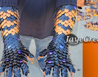 Spooky Pumpkin, Purple, and Black Design - Large Half Wrap on Black Gauntlets - Dragon Scale Costume Glove Sleeves-Scalemail - JayeCreations