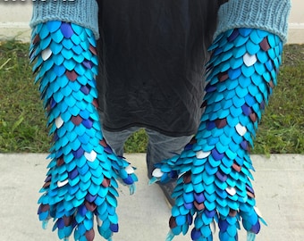100% Premium Teal Blue Beachy Theme - Large Half Wrap on Hosta Blue Yarn Clawed Gauntlets - Dragon Scalemail Costume Gloves - JayeCreations