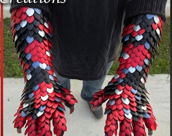 100% Premium Hammered Red and Monochrome - Large Half Wrap on Black Yarn Clawed Gauntlets - Dragon Scalemail Costume Gloves - JayeCreations