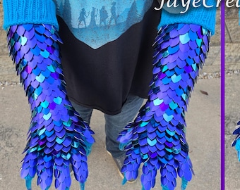 Purple with Bright Blues, Teal, and Purple - Large Half Wrap on Bright Blue Yarn Clawed Gauntlets - Dragon Scalemail Gloves - JayeCreations