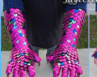 Pink and Bright Blues, Green, and Pink - Large Half Wrap on Navy Yarn Clawed Gauntlets - Dragon Scalemail Costume Gloves - JayeCreations