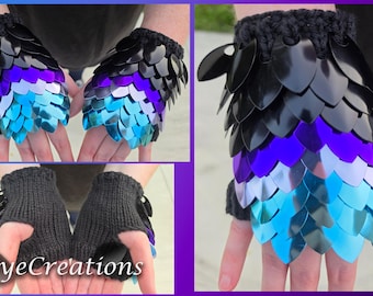 Small 100% Premium Bright Sky, Purple, and Black on Black Yarn - Dragon Scale Fingerless Knitted Gloves - JayeCreations