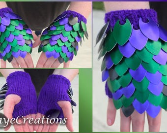 Small Purple, Green, and Black on Amethyst Purple Yarn Scalemail Gauntlets - Dragon Scale Fingerless Knitted Gloves - JayeCreations
