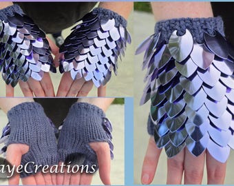 Small Bright Light Purple on Dark Plum Scalemail Gauntlets - Dragon Scale Fingerless Knitted Gloves - JayeCreations