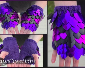 Small Bright Purple, Violet, and Matte Onyx on Amethyst Scalemail Gauntlets - Dragon Scale Fingerless Knitted Gloves - JayeCreations