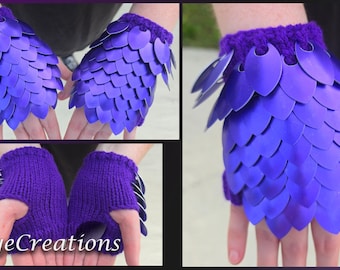 Small Purple on Amethyst Scalemail Gauntlets - Dragon Scale Fingerless Knitted Gloves - JayeCreations