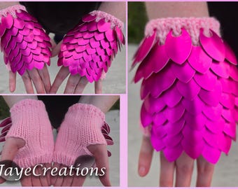 Small Pink on Soft Pink Scalemail Gauntlets - Dragon Scale Fingerless Knitted Gloves - JayeCreations