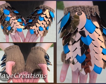 Small Shiny Copper and Matte Lapis on Medium Brown Scalemail Gauntlets - Dragon Scale Fingerless Knitted Gloves - JayeCreations