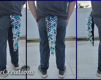 Small Silver and Premium Blues w/Glitter Spikes on Navy Blue Yarn Scalemail Dragon Tail - Knitted Costume Tail - JayeCreations
