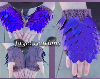 DISCOUNTED - READ DESCRIPTION - Small Purple on Dark Plum Gauntlets - Dragon Scale Fingerless Knitted Gloves - JayeCreations