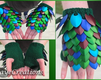 Small Premium Matte Shamrock, Cobalt, Lapis, and Henna Scalemail Gauntlets - Dragon Scale Fingerless Knitted Gloves - JayeCreations